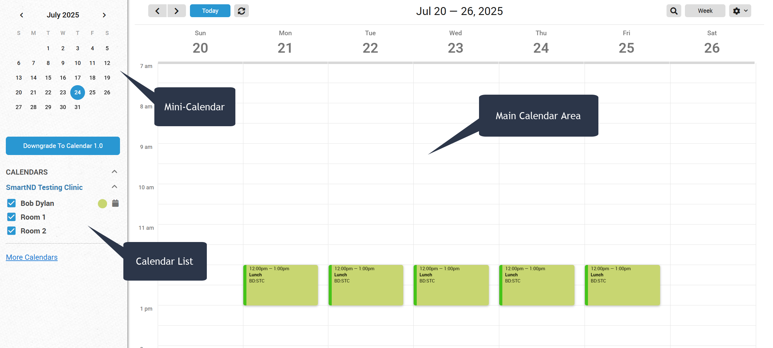 Shows an overall view of the Calendar interface with some pointers showing the calendar list, the main calendar area, and navigation.